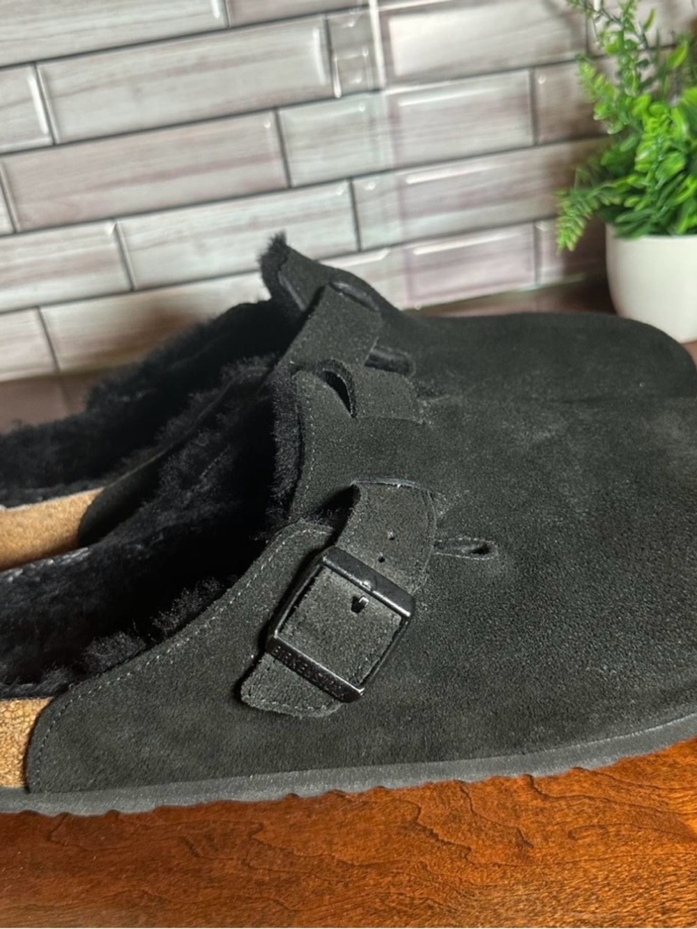 Birkenstock men’s Black Suede Shearling Boston Clog Mules size 12 - Picture 2 of 6